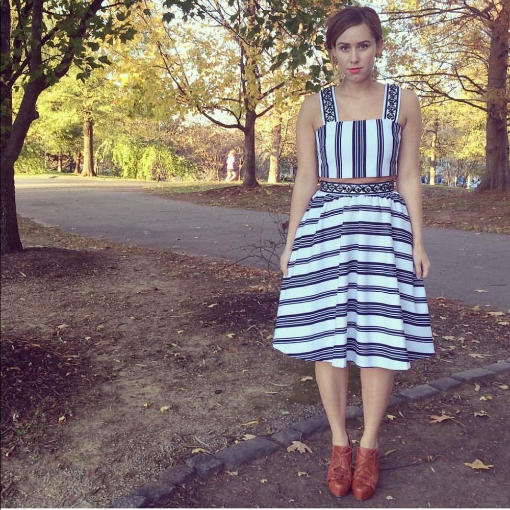 Matching top and skirt striped and beaded set
